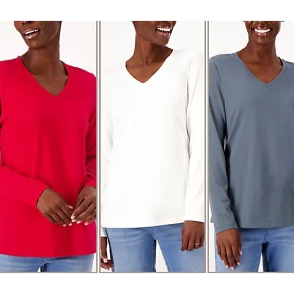 Denim & Co. Essentials 3-Pack Perfect Jersey Long Slv V-Neck Tops